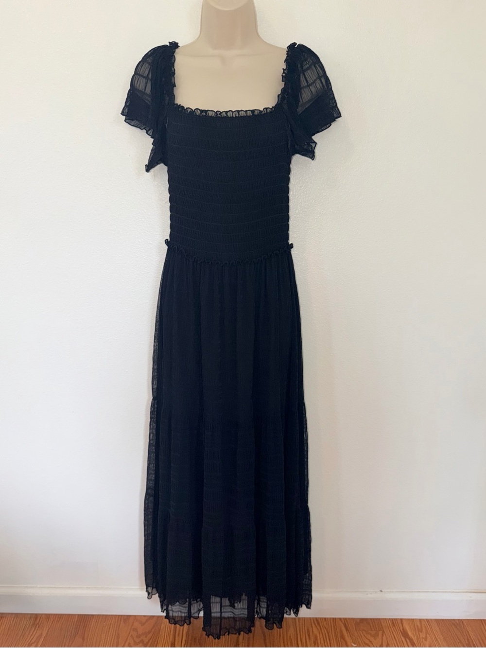 Max Studio Black Smocked Maxi Dress with Puff Sleeves Boho Whimsigoth